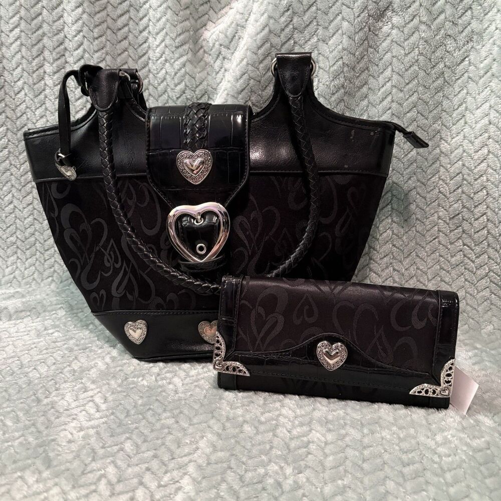 Y2K Black Heart Monogram Tote Bag and Matching Wallet Set Silver Heart Buckles